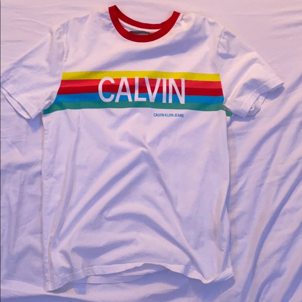 Calvin Klein Jeans colorful striped white tee - Picture 1 of 3